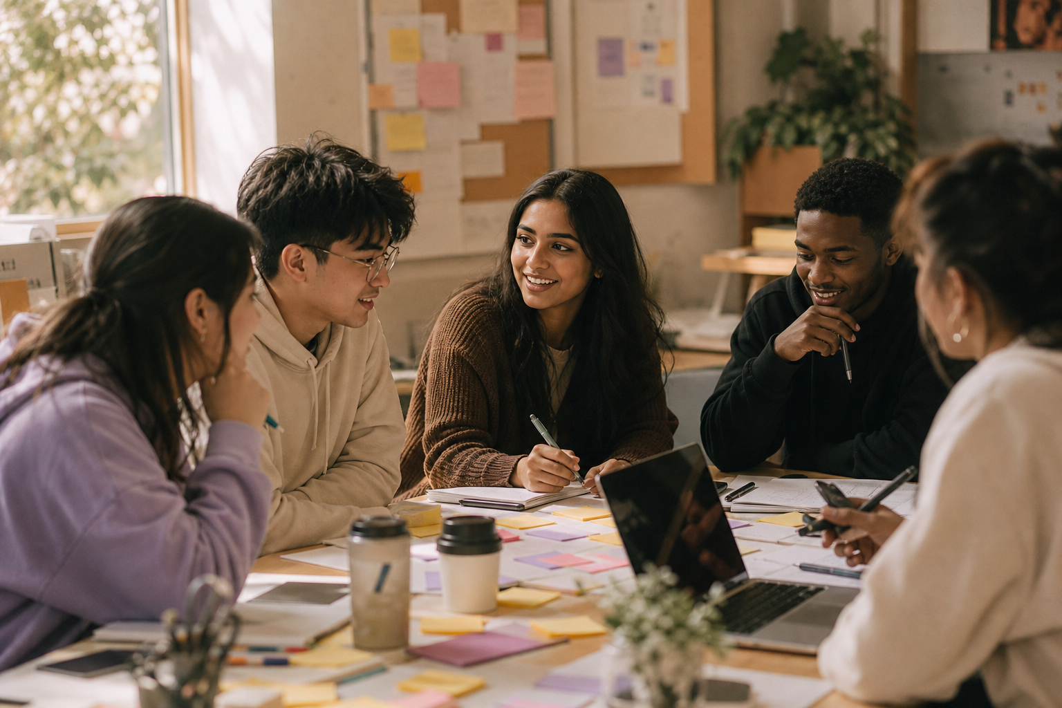 Students collaborating with sticky notes during a campus workshop